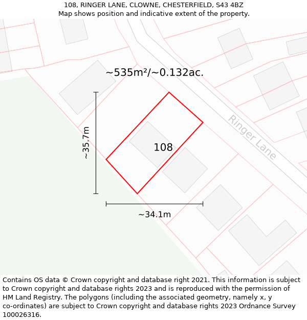 108, RINGER LANE, CLOWNE, CHESTERFIELD, S43 4BZ: Plot and title map