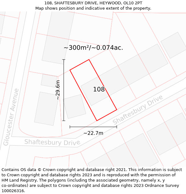 108, SHAFTESBURY DRIVE, HEYWOOD, OL10 2PT: Plot and title map
