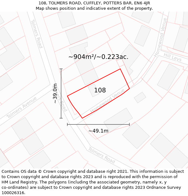 108, TOLMERS ROAD, CUFFLEY, POTTERS BAR, EN6 4JR: Plot and title map