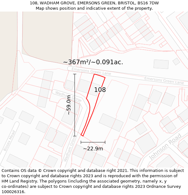 108, WADHAM GROVE, EMERSONS GREEN, BRISTOL, BS16 7DW: Plot and title map