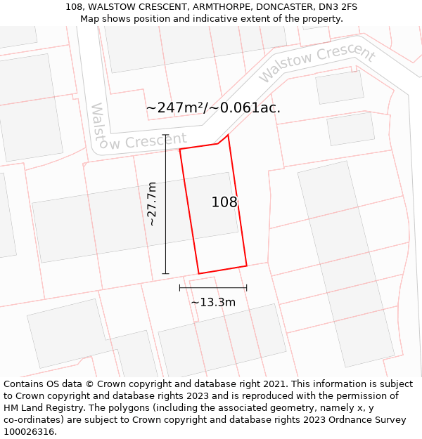 108, WALSTOW CRESCENT, ARMTHORPE, DONCASTER, DN3 2FS: Plot and title map