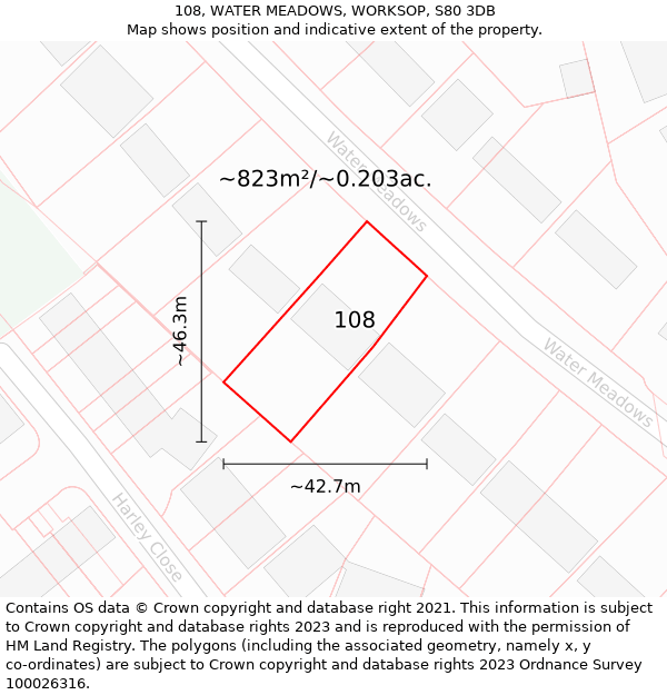 108, WATER MEADOWS, WORKSOP, S80 3DB: Plot and title map