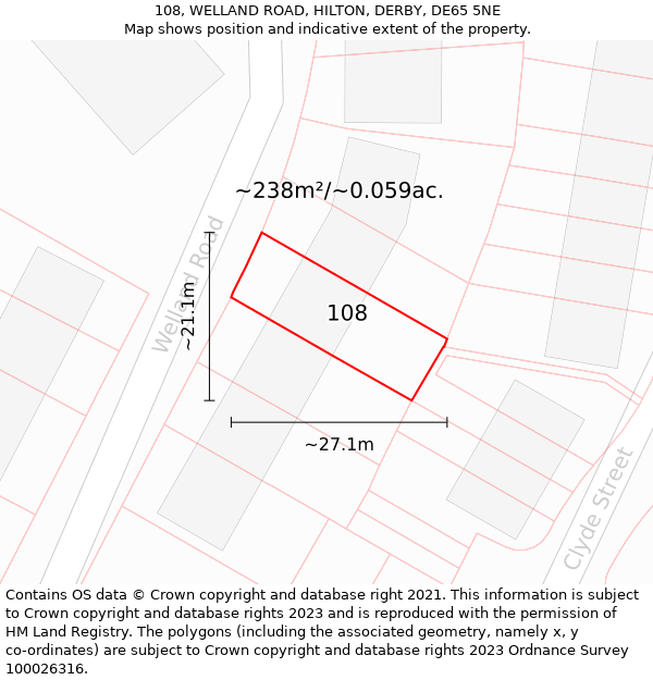 108, WELLAND ROAD, HILTON, DERBY, DE65 5NE: Plot and title map