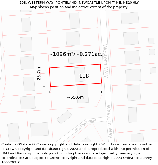 108, WESTERN WAY, PONTELAND, NEWCASTLE UPON TYNE, NE20 9LY: Plot and title map