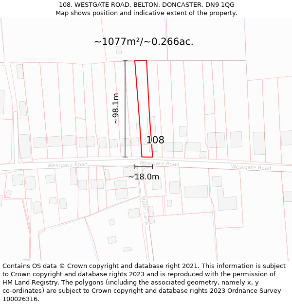 108, WESTGATE ROAD, BELTON, DONCASTER, DN9 1QG: Plot and title map