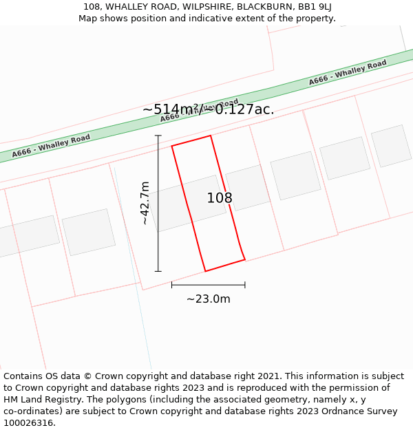 108, WHALLEY ROAD, WILPSHIRE, BLACKBURN, BB1 9LJ: Plot and title map
