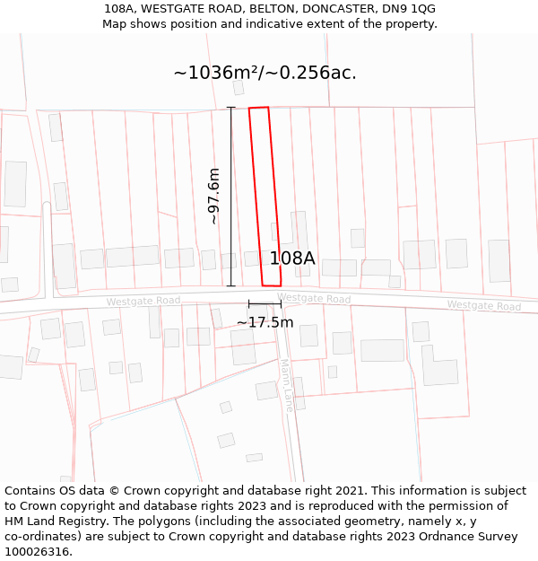 108A, WESTGATE ROAD, BELTON, DONCASTER, DN9 1QG: Plot and title map