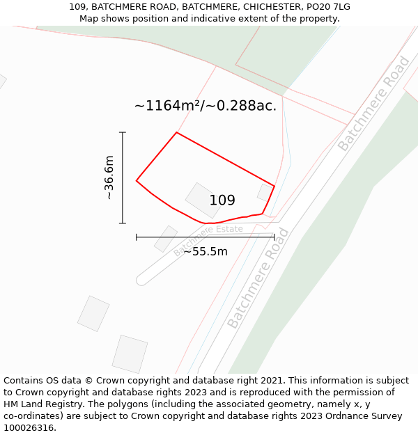 109, BATCHMERE ROAD, BATCHMERE, CHICHESTER, PO20 7LG: Plot and title map