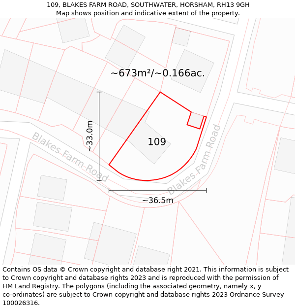 109, BLAKES FARM ROAD, SOUTHWATER, HORSHAM, RH13 9GH: Plot and title map