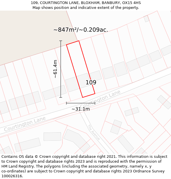 109, COURTINGTON LANE, BLOXHAM, BANBURY, OX15 4HS: Plot and title map