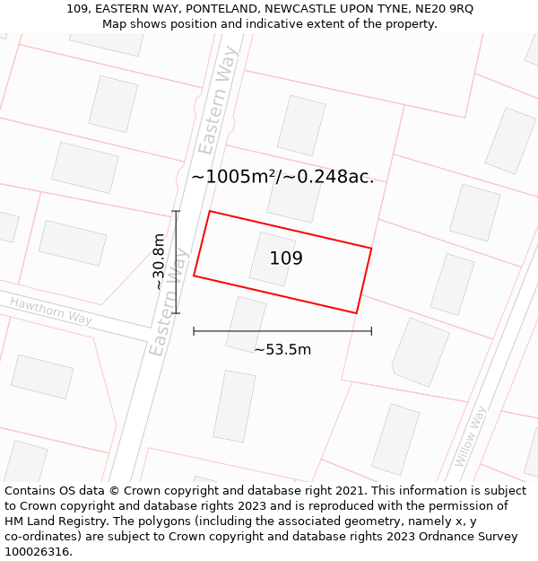 109, EASTERN WAY, PONTELAND, NEWCASTLE UPON TYNE, NE20 9RQ: Plot and title map