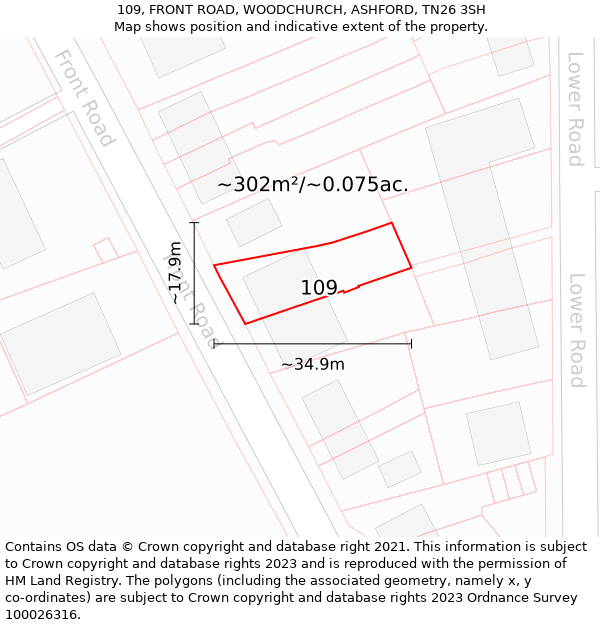 109, FRONT ROAD, WOODCHURCH, ASHFORD, TN26 3SH: Plot and title map