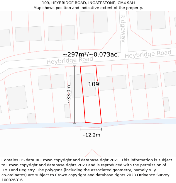 109, HEYBRIDGE ROAD, INGATESTONE, CM4 9AH: Plot and title map