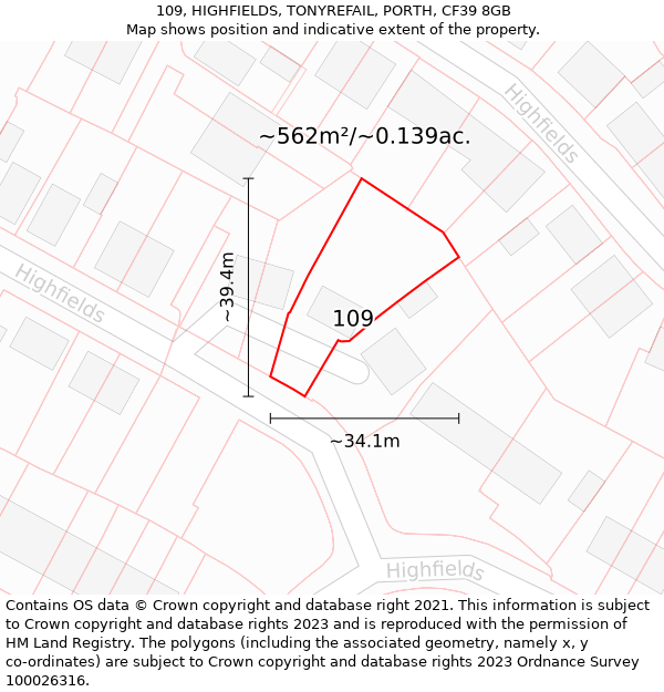 109, HIGHFIELDS, TONYREFAIL, PORTH, CF39 8GB: Plot and title map