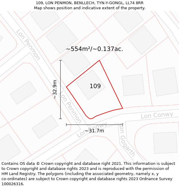 109, LON PENMON, BENLLECH, TYN-Y-GONGL, LL74 8RR: Plot and title map