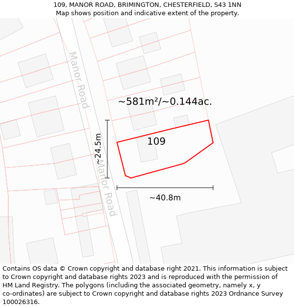 109, MANOR ROAD, BRIMINGTON, CHESTERFIELD, S43 1NN: Plot and title map