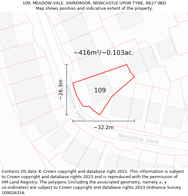 109, MEADOW VALE, SHIREMOOR, NEWCASTLE UPON TYNE, NE27 0BD: Plot and title map