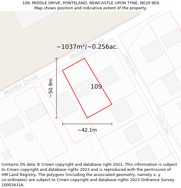 109, MIDDLE DRIVE, PONTELAND, NEWCASTLE UPON TYNE, NE20 9DS: Plot and title map