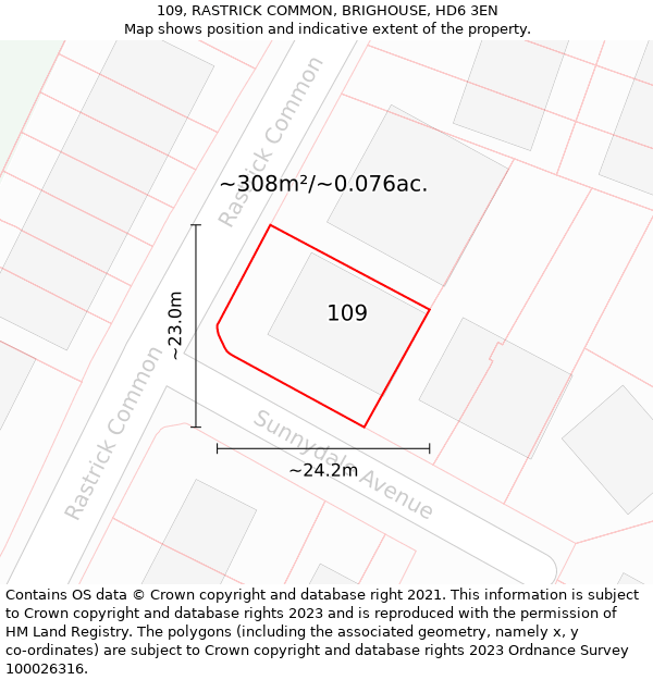 109, RASTRICK COMMON, BRIGHOUSE, HD6 3EN: Plot and title map