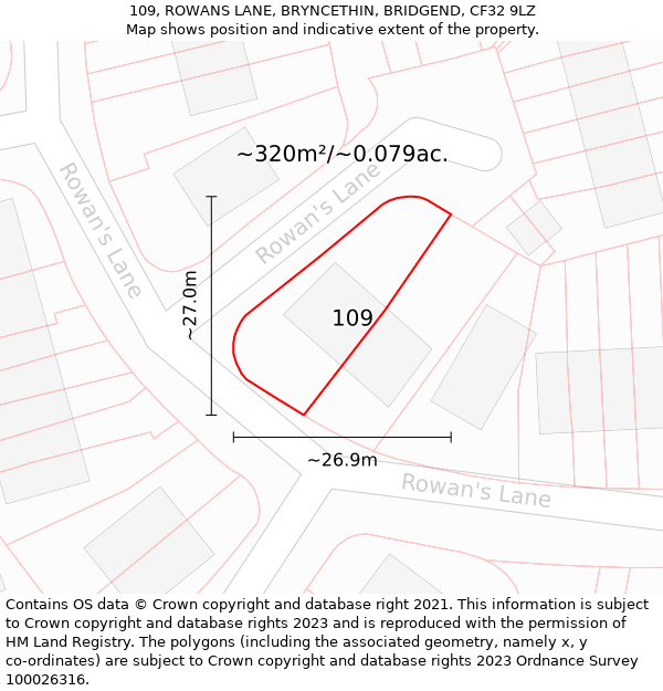 109, ROWANS LANE, BRYNCETHIN, BRIDGEND, CF32 9LZ: Plot and title map