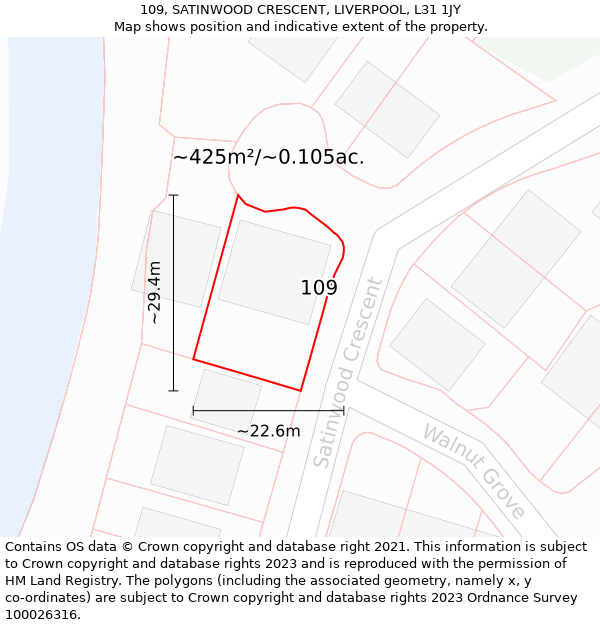 109, SATINWOOD CRESCENT, LIVERPOOL, L31 1JY: Plot and title map