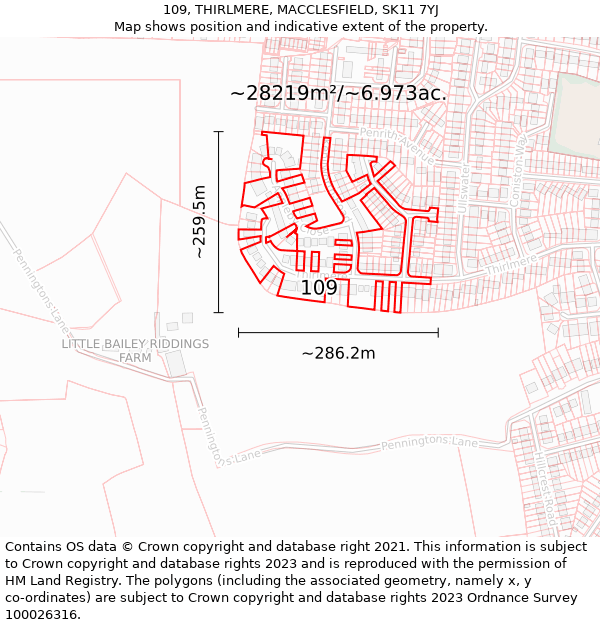 109, THIRLMERE, MACCLESFIELD, SK11 7YJ: Plot and title map