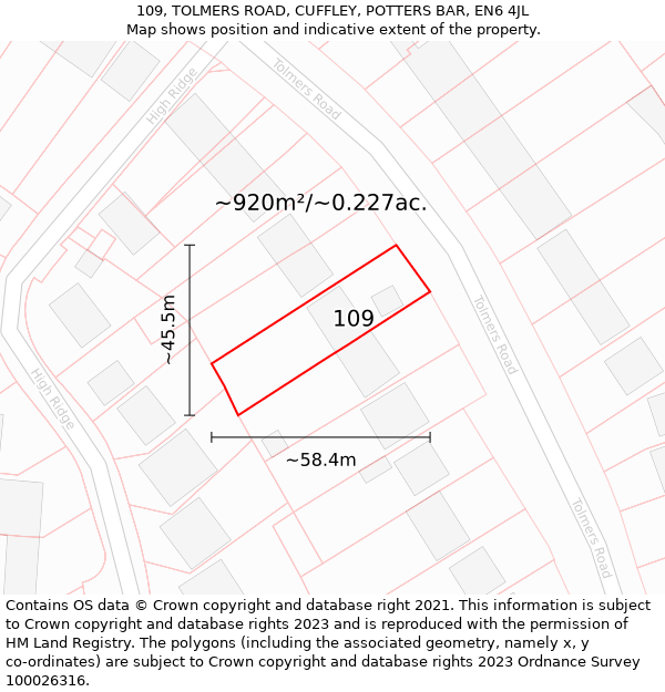 109, TOLMERS ROAD, CUFFLEY, POTTERS BAR, EN6 4JL: Plot and title map