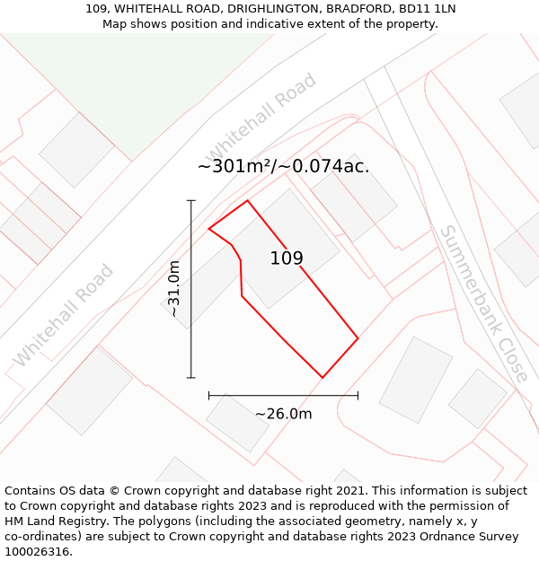 109, WHITEHALL ROAD, DRIGHLINGTON, BRADFORD, BD11 1LN: Plot and title map