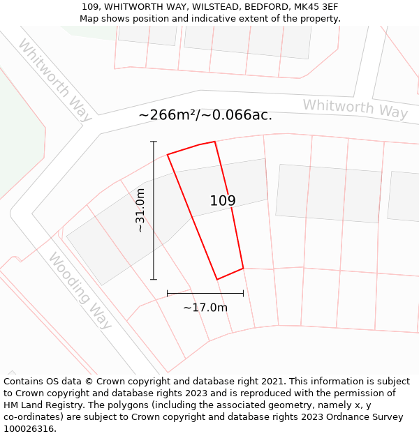 109, WHITWORTH WAY, WILSTEAD, BEDFORD, MK45 3EF: Plot and title map