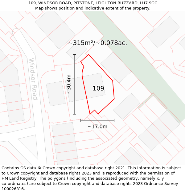 109, WINDSOR ROAD, PITSTONE, LEIGHTON BUZZARD, LU7 9GG: Plot and title map