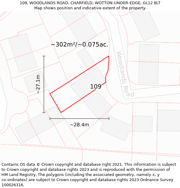 109, WOODLANDS ROAD, CHARFIELD, WOTTON-UNDER-EDGE, GL12 8LT: Plot and title map