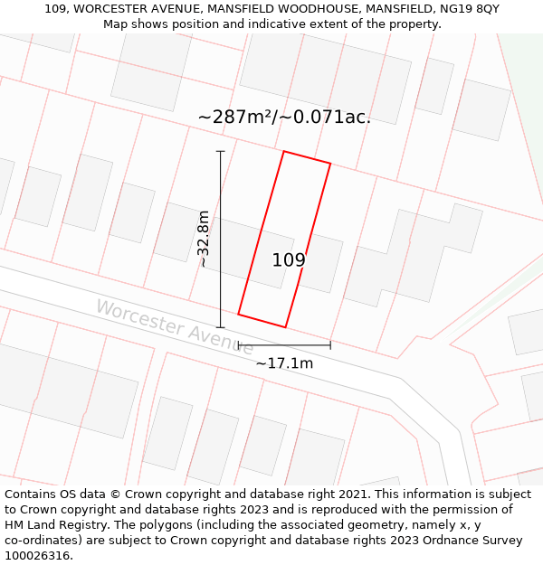 109, WORCESTER AVENUE, MANSFIELD WOODHOUSE, MANSFIELD, NG19 8QY: Plot and title map