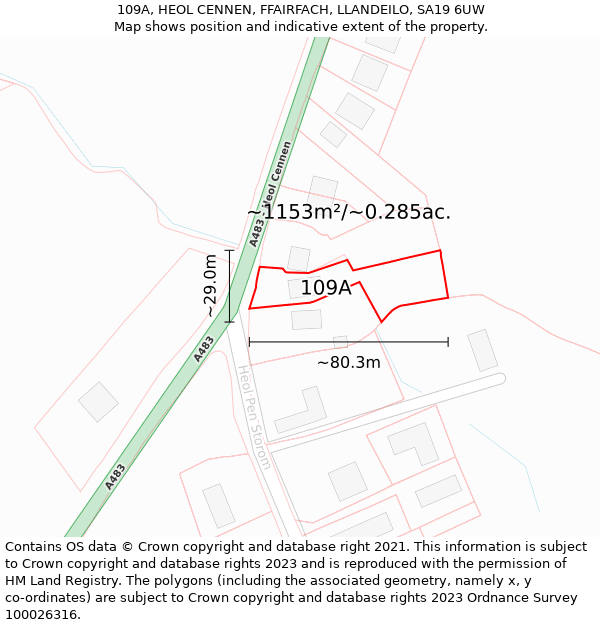 109A, HEOL CENNEN, FFAIRFACH, LLANDEILO, SA19 6UW: Plot and title map