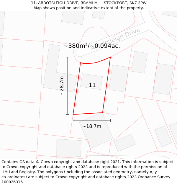 11, ABBOTSLEIGH DRIVE, BRAMHALL, STOCKPORT, SK7 3PW: Plot and title map