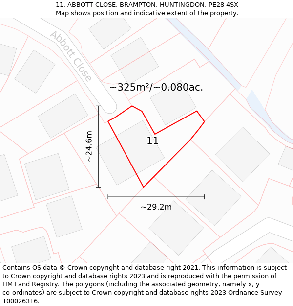 11, ABBOTT CLOSE, BRAMPTON, HUNTINGDON, PE28 4SX: Plot and title map