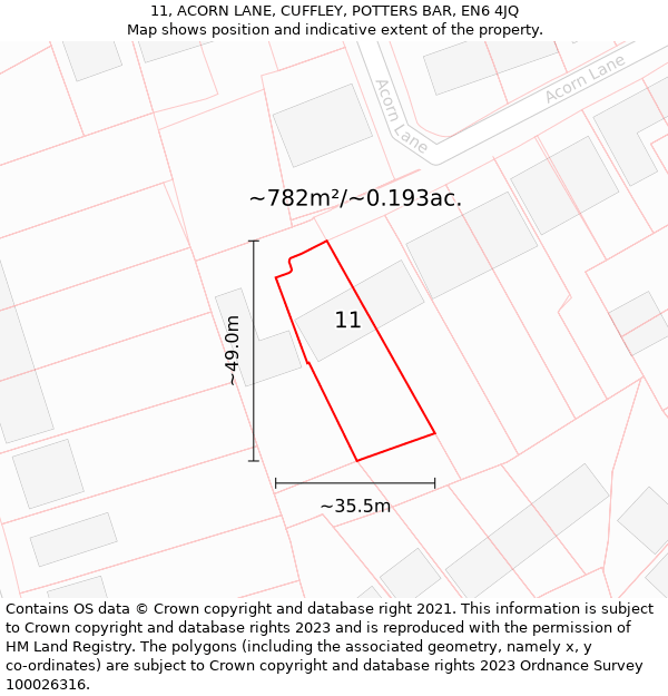 11, ACORN LANE, CUFFLEY, POTTERS BAR, EN6 4JQ: Plot and title map