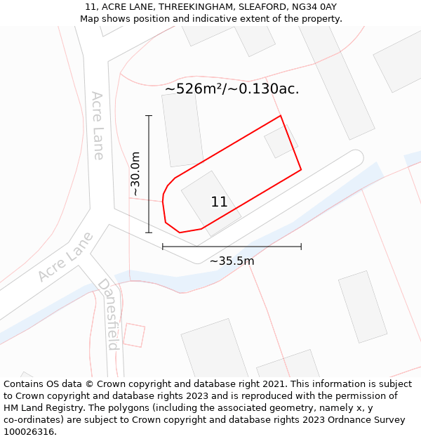 11, ACRE LANE, THREEKINGHAM, SLEAFORD, NG34 0AY: Plot and title map