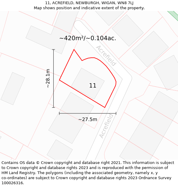 11, ACREFIELD, NEWBURGH, WIGAN, WN8 7LJ: Plot and title map