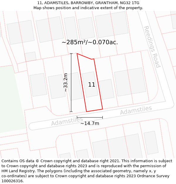 11, ADAMSTILES, BARROWBY, GRANTHAM, NG32 1TG: Plot and title map