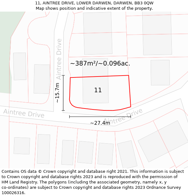 11, AINTREE DRIVE, LOWER DARWEN, DARWEN, BB3 0QW: Plot and title map