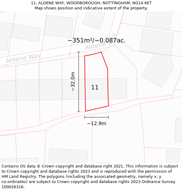 11, ALDENE WAY, WOODBOROUGH, NOTTINGHAM, NG14 6ET: Plot and title map