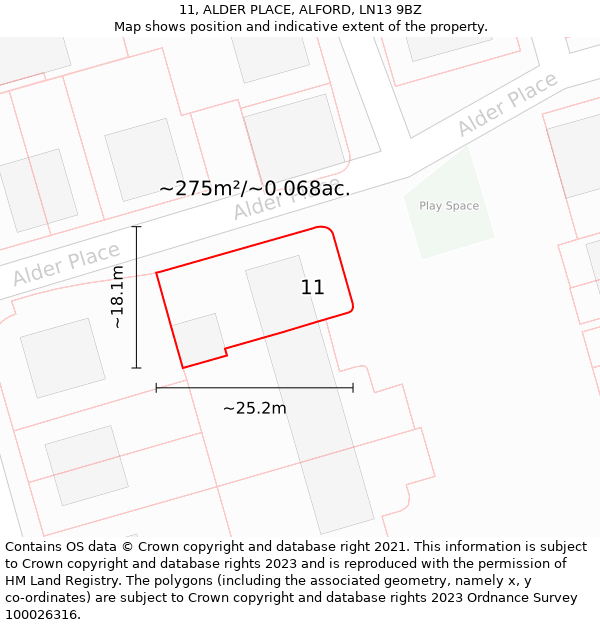 11, ALDER PLACE, ALFORD, LN13 9BZ: Plot and title map