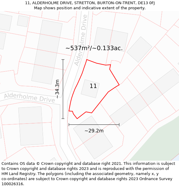 11, ALDERHOLME DRIVE, STRETTON, BURTON-ON-TRENT, DE13 0FJ: Plot and title map