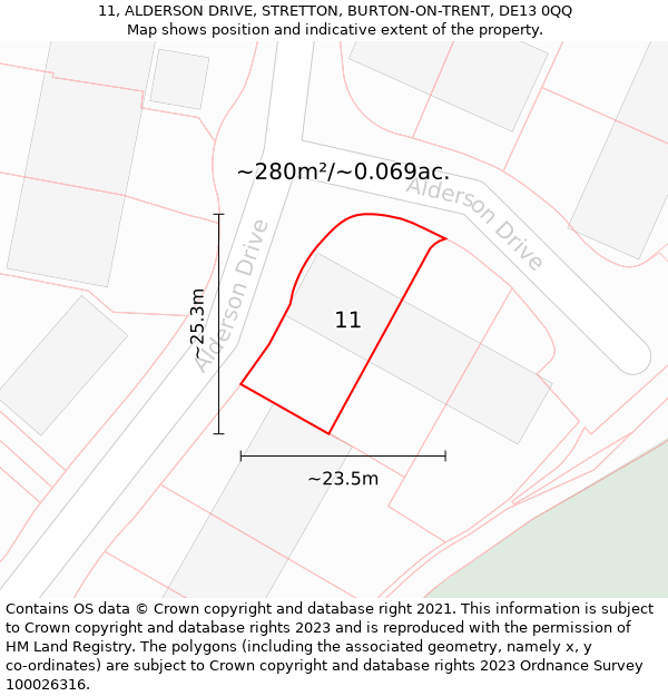 11, ALDERSON DRIVE, STRETTON, BURTON-ON-TRENT, DE13 0QQ: Plot and title map