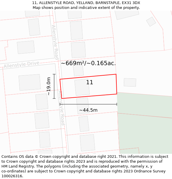 11, ALLENSTYLE ROAD, YELLAND, BARNSTAPLE, EX31 3DX: Plot and title map