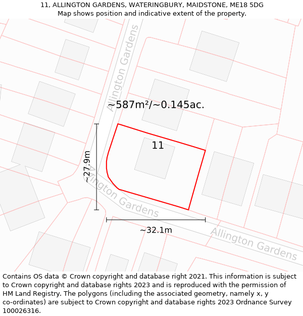 11, ALLINGTON GARDENS, WATERINGBURY, MAIDSTONE, ME18 5DG: Plot and title map