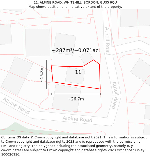 11, ALPINE ROAD, WHITEHILL, BORDON, GU35 9QU: Plot and title map