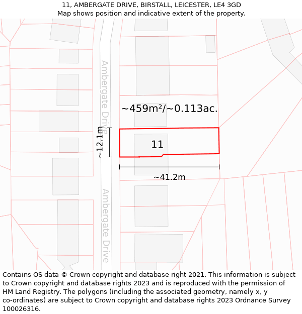 11, AMBERGATE DRIVE, BIRSTALL, LEICESTER, LE4 3GD: Plot and title map