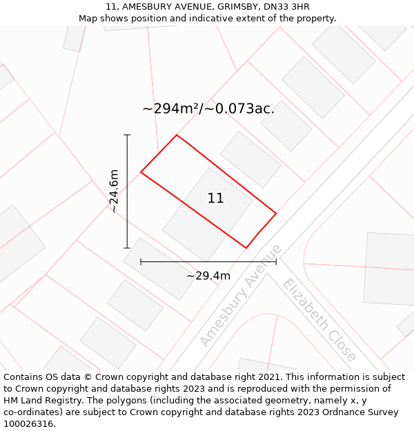 11, AMESBURY AVENUE, GRIMSBY, DN33 3HR: Plot and title map