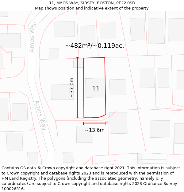 11, AMOS WAY, SIBSEY, BOSTON, PE22 0SD: Plot and title map